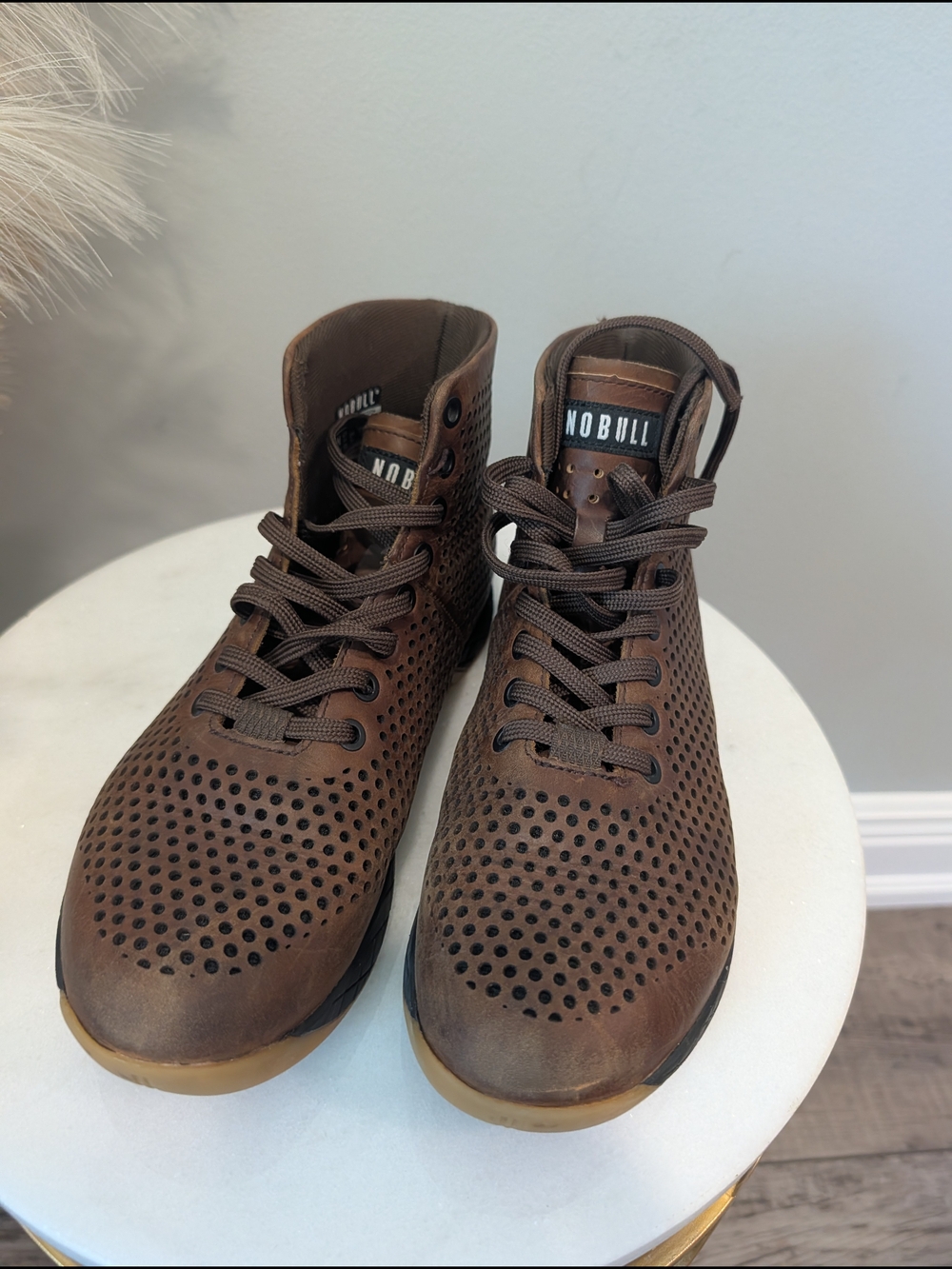 NOBULL Brown Perforated High-Top Coffee Brown Leather Athletic Shoes Sz 8 - Picture 3 of 13